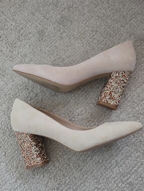 Suede Block Heel Pumps in Blush with Crystal Embellished Heel
